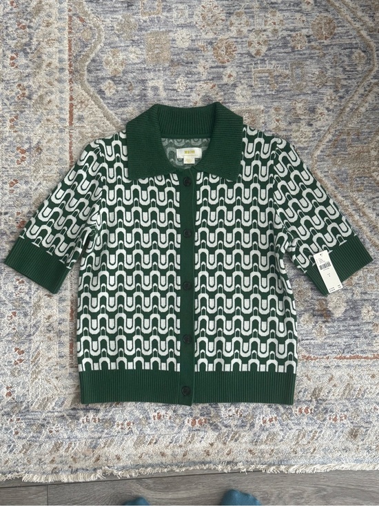 Anthropologie Sweaters - Anthropologie Green and White Geometric Short-Sleeve Cardigan Maeve top